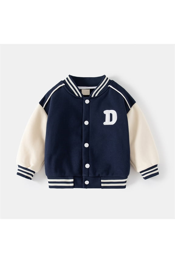 Boys Jacket Lined Baseball Letter Print Button Down Stand Collar Outerwear Comfortable Casual Coats