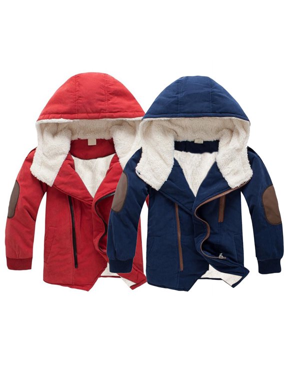 Boys Fleece Lined Hooded Jacket With Elbow Patches Zip Up Long Sleeve Winter Warm Coat 11-12 Years Windbreakers for Kids