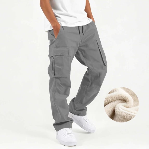 Boys Fleece Lined Thermal Cargo Pants Solid Color Elastic Waist Loose Sports Trousers Kids Fall Winter Trendy Casual Warm Pants Gray 9-10 Years