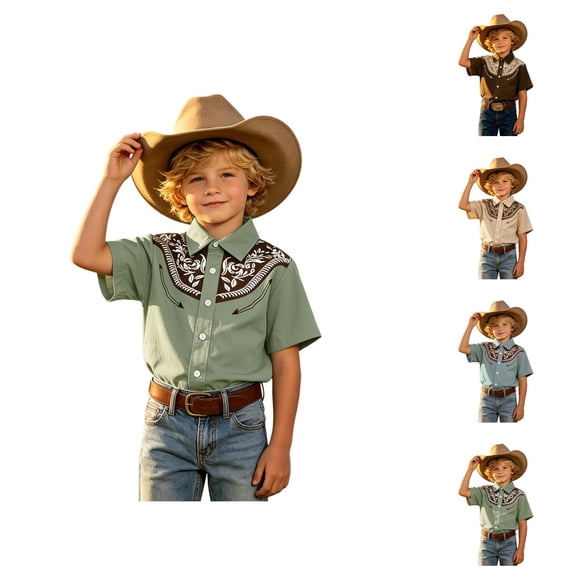 Boys Floral Print Denim Style Button Down Short Sleeve Shirt Crewneck Casual Tops 2-14 years