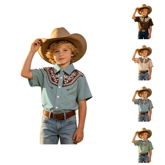 Boys Floral Print Denim Style Button Down Short Sleeve Shirt Crewneck Casual Tops 2-14 years