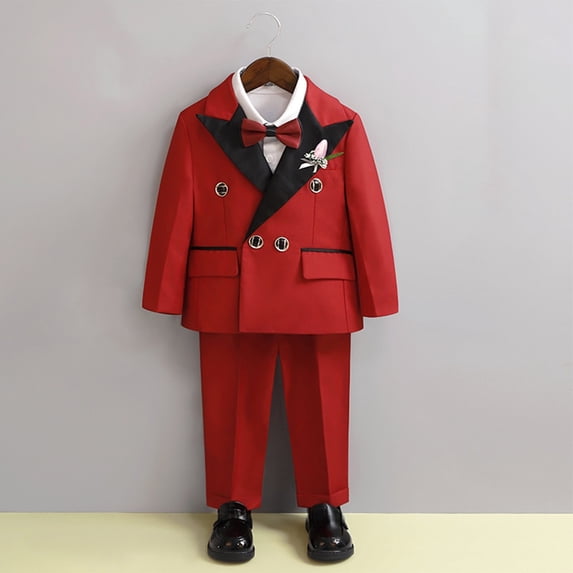 Boys Flower Boy Wedding Suit Set, 5-Piece British Style Blazer Pants Shirt Bow Tie Set for Kids, Pageant and School Concert Outfit for Ages 2-12 Years Red 80