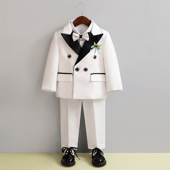 Boys Flower Boy Wedding Suit Set, 5-Piece British Style Blazer Pants Shirt Bow Tie Set for Kids, Pageant and School Concert Outfit for Ages 2-12 Years White 100