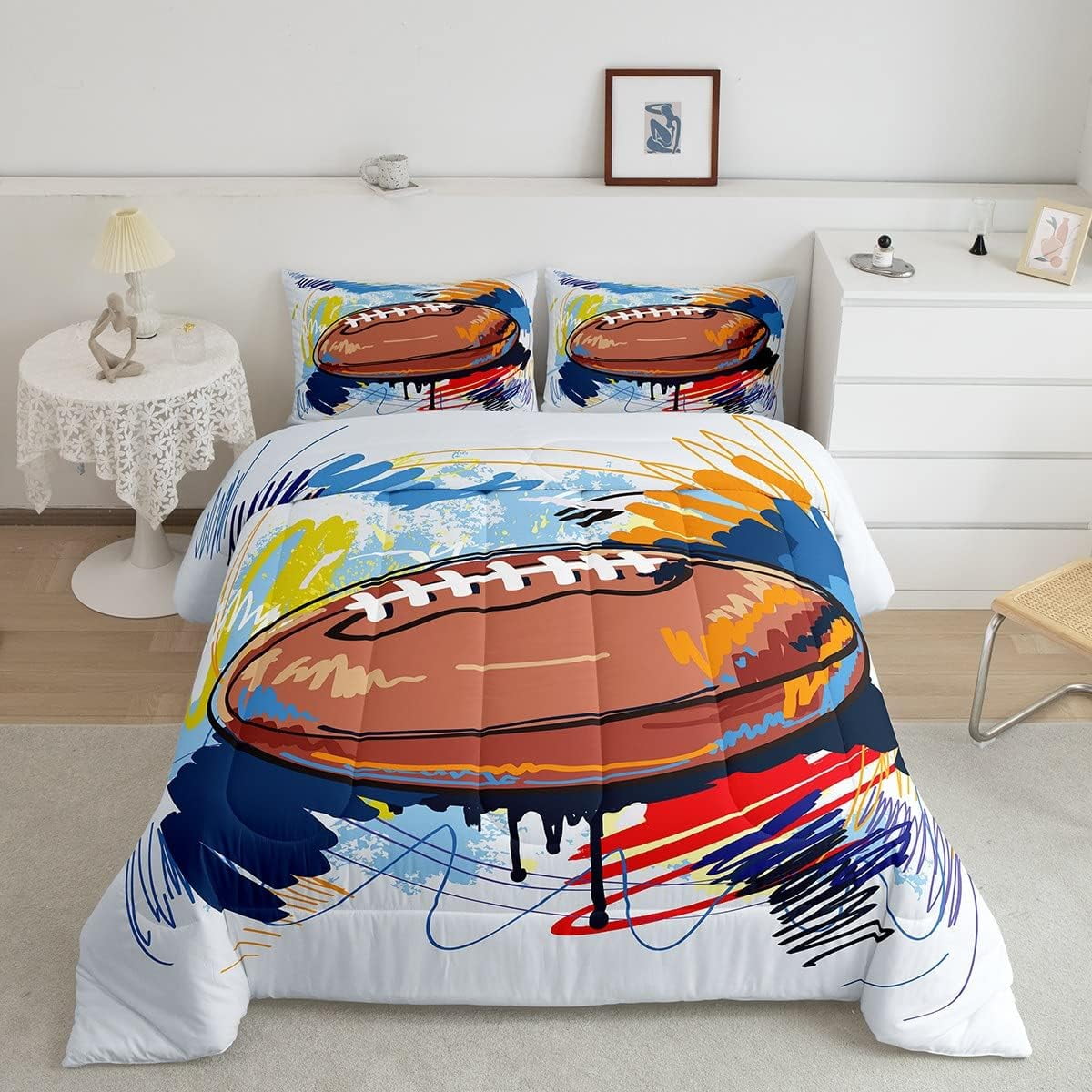 Boys Football Comforter Set Queen Kids Teen Sports Bedding Set Bedroom Decor Watercolor Tie Dye Hand Drawn Graffiti Football Bedding Comforter Sets