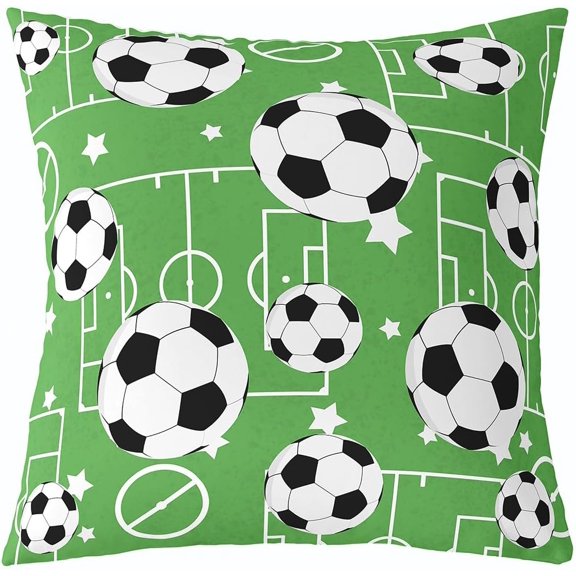 Boys Football Throw Pillow Covers (Pack of 1,Football Field Cushion Cover,Kids Teens Cartoon Stars Soccer Print Pillow Cases Sport Theme Green Living Room Sofa Bed Decor,18" Lx18 W