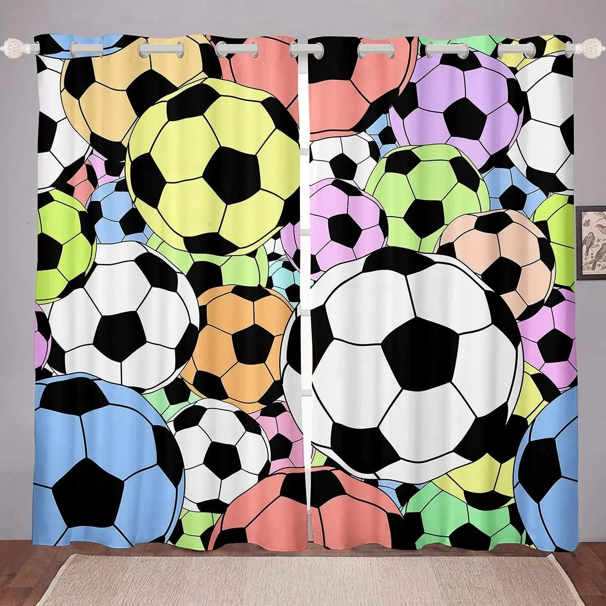 Boys Football Window Drapes Sports Theme Window Curtain Black White Soccer Ball Pattern Window