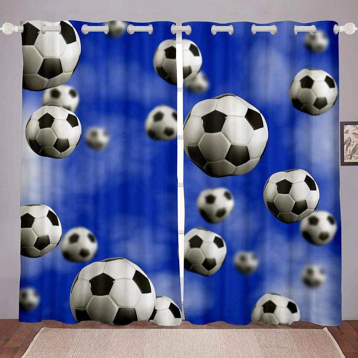 Boys Football Window Drapes Sports Theme Window Curtain Black White Soccer Ball Pattern Window
