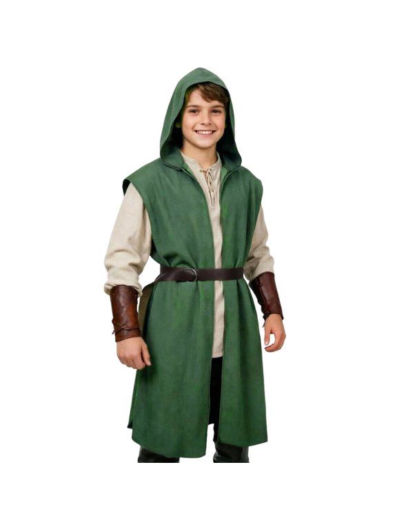 Boys' Forest Ranger Belted Hooded Long Line V Tunic Woodland Adventure Outfit 4-14 Years