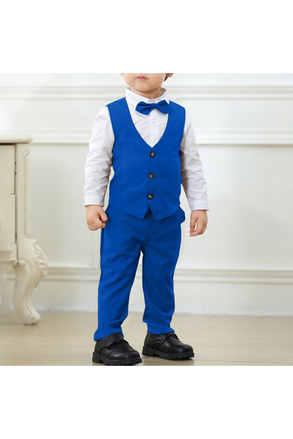 Boys Formal 3 Piece Suit Set, Classic Vest Pants and Shirt Outfit for Kids, Wedding Party and School Event, Age 1-7 Years Blue 100