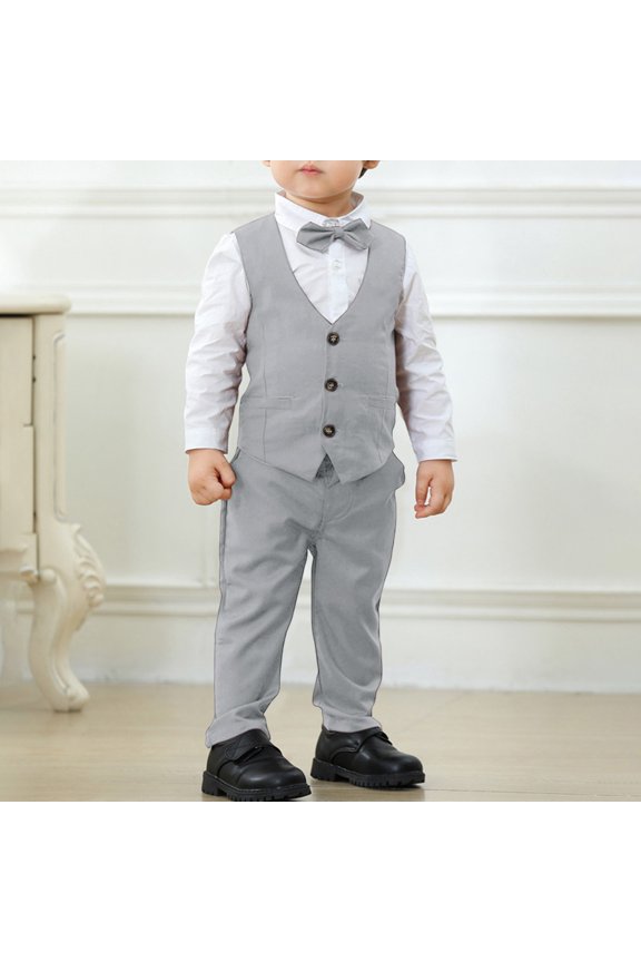 Boys Formal 3 Piece Suit Set, Classic Vest Pants and Shirt Outfit for Kids, Wedding Party and School Event, Age 1-7 Years Light Ashy 90
