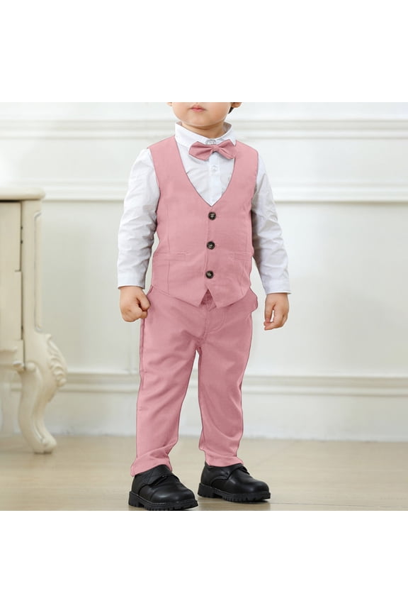 Boys Formal 3 Piece Suit Set, Classic Vest Pants and Shirt Outfit for Kids, Wedding Party and School Event, Age 1-7 Years Pink 130