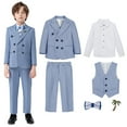 thumbnail image 1 of Boys Formal Dresswear Suit 6 PCS Gentlemen British Tuxedo Set its Blazer Dress Shirts Pants Vest Wedding Ring Bearer 2 Years, Blue, 1 of 7