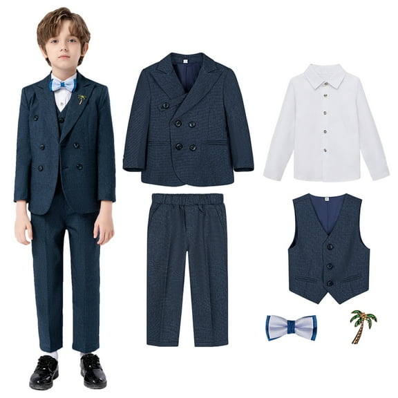 Boys Formal Dresswear Suit 6 PCS Gentlemen British Tuxedo Set its Blazer Dress Shirts Pants Vest Wedding Ring Bearer 7 Years, Navy