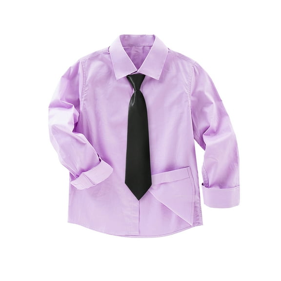 Boys Formal Long Sleeve Solid Color Dress Shirt，with Tie,Purple，Sizes 4-16