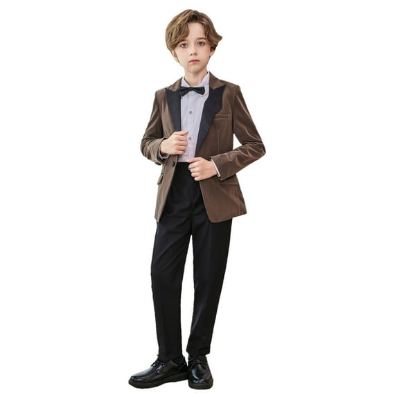 Boys' Formal Slim Fitting Suit Set, Boys Tuxedo Velvet Set Wedding Outfit Lady White Linen Sets 2 Piece Outfits Coffee 7Y