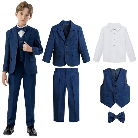 Boys Formal Suit 5 Piece Vest, Pants and Tie Dresswear Suit Set,Coat + Pants + Shirt + Waistcoat + Bow Tie Blue 5-6 Years