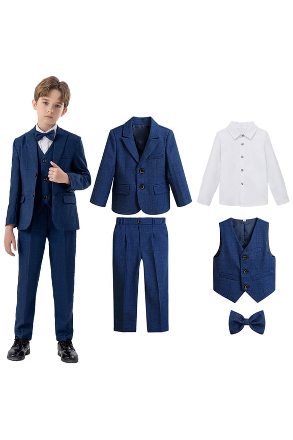 Boys Formal Suit 5 Piece Vest, Pants and Tie Dresswear Suit Set,Coat + Pants + Shirt + Waistcoat + Bow Tie Blue 7-8 Years