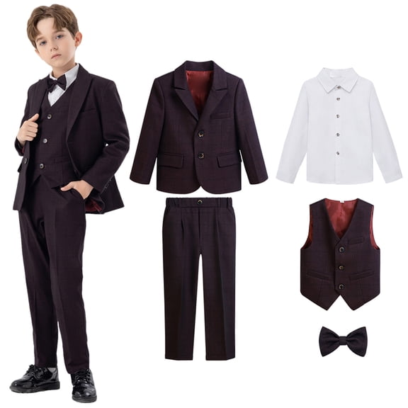 Boys Formal Suit 5 Piece Vest, Pants and Tie Dresswear Suit Set,Coat + Pants + Shirt + Waistcoat + Bow Tie Wine 5-6 Years
