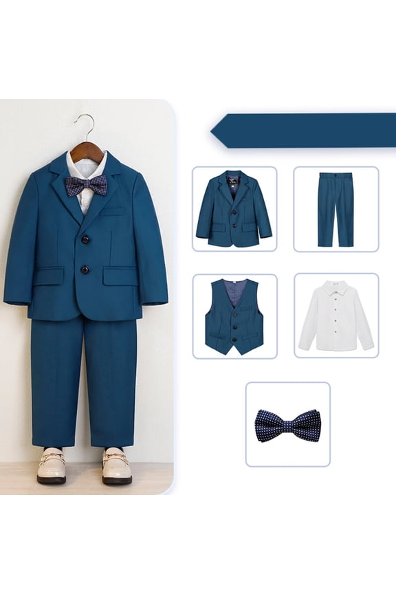Boys Formal Suit Set, 4 Piece Blazer Vest Pants Bow Tie Outfit, Kids Wedding Tuxedo Set for School Events and Special Occasions, Classic Gentleman Suit Blackish Green 100