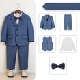 thumbnail image 1 of Boys Formal Suit Set, 4 Piece Blazer Vest Pants Bow Tie Outfit, Kids Wedding Tuxedo Set for School Events and Special Occasions, Classic Gentleman Suit Blue 140, 1 of 5