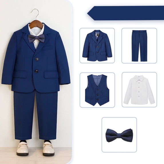 Boys Formal Suit Set, 4 Piece Blazer Vest Pants Bow Tie Outfit, Kids Wedding Tuxedo Set for School Events and Special Occasions, Classic Gentleman Suit Navy 110