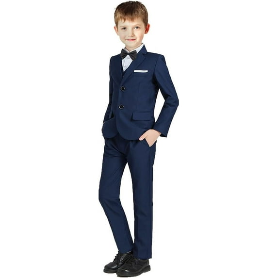 Boys Formal Suit Set 5 Piece Slim Fit Black Suit with Shirt and Vest