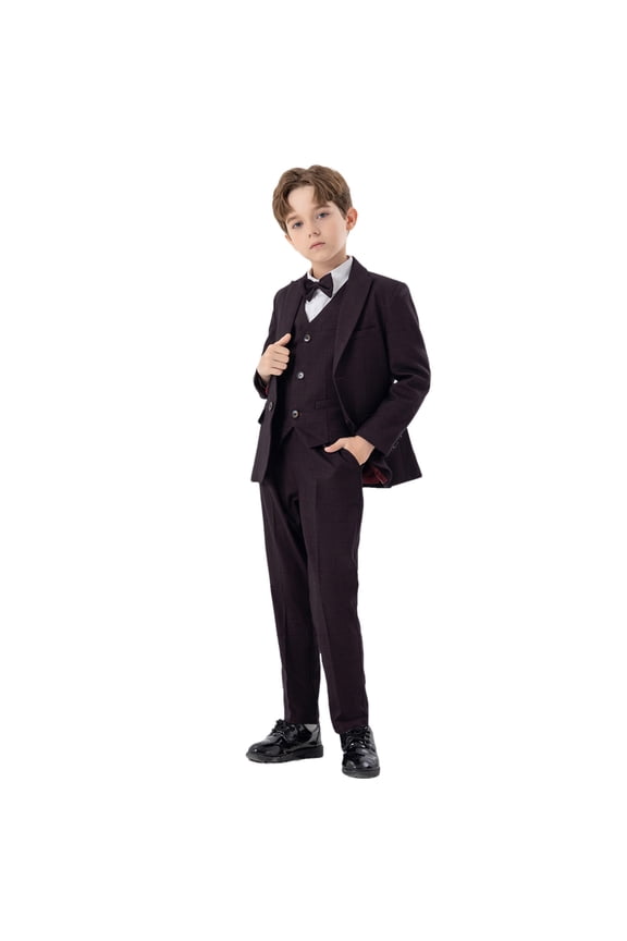 Boys Formal Suits 5 Piece Tuxedo Set Ring Bearer Outfits with Blazer Jacket Dress Shirt & Pants Vest Bow Tie