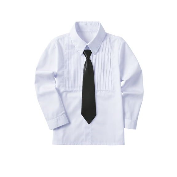 Boys Formal Tuxedo Suits Long Sleeve Solid Color Dress Shirt White，with Tie,，Sizes 4-16