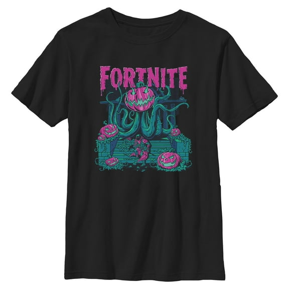 Boys Fortnite Halloween Pumpkin Monster Neon Art T Shirt