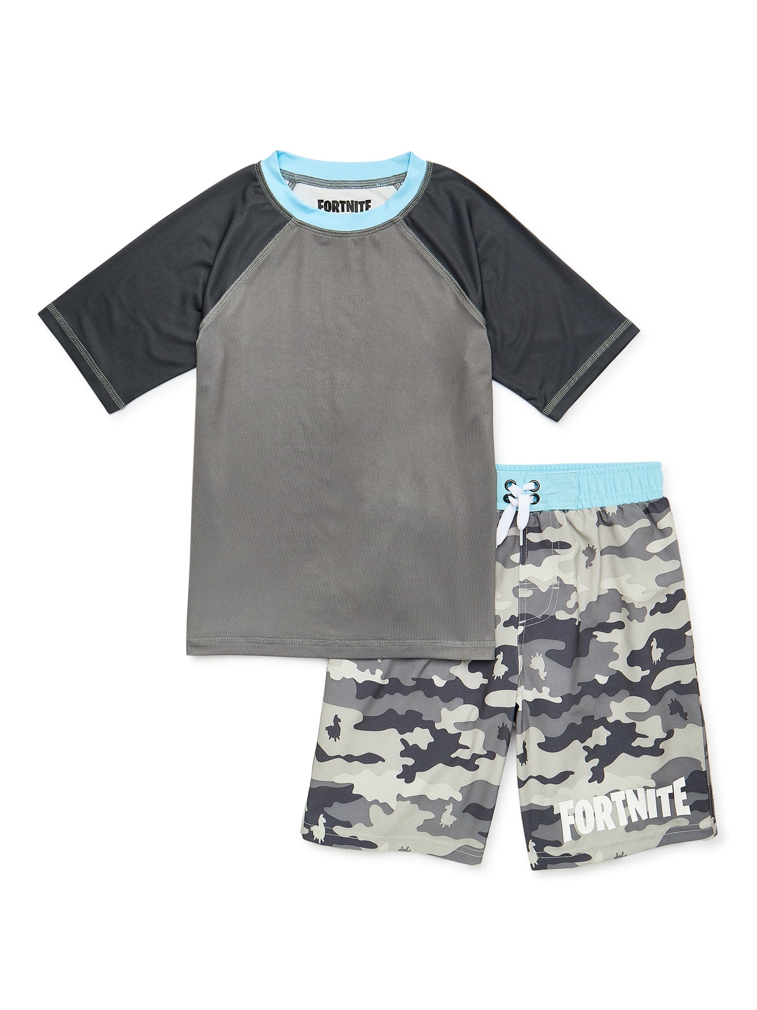 Fortnite Brandclub Boys Fortnite Short Sleeve Athletic Rash Guard Swim Trunk Bundle Sizes MD 2X 8 18