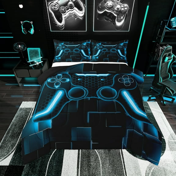 Full Bedding Sets Gaming Comforter Set Game Gamer Comforter Set Teens,Navy Blue Gamepad Down Comforter Room Decor,Modern Grid Bed Set With 2 Pillowcases,Black