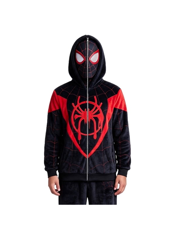Boys Full Face Masked Zip Hoodie, Flannel Spider Web Printed Hooded Sweatshirt Cosplay Costume Jacket