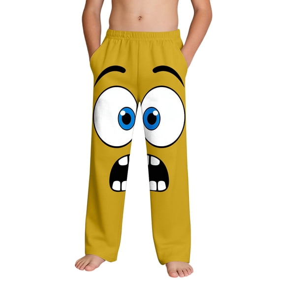 Boys Funny Face Print Pants Elastic Waistband with Pockets Soft Stretchy Polyester Spandex Joggers Casual Trousers for Kids 4-14 Yellow,Size 4 T