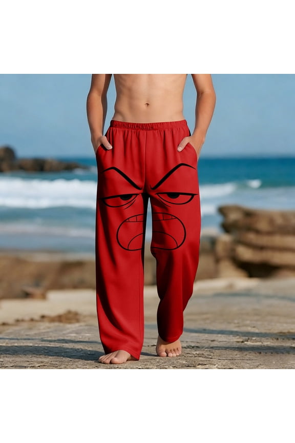 Boys Funny Pjs Pants, Kids Red Angry Face Cartoon Beach Pants Soft Loose Fit with Elastic Waist Pockets, Age 3-12,Size 6 T