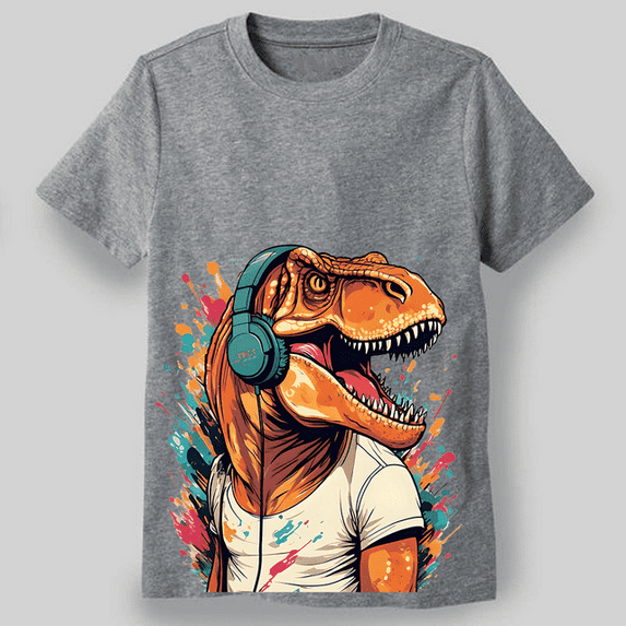 Boys Funny T-Rex Listening to Music Watercolor Graphic T-Shirt Size 6-7