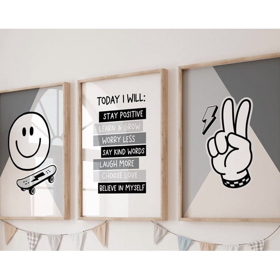 Boys Gallery Boys Nursery Print Smiley Print Boho Decor Modern Boy Room Baby Boy Room Peace Sign Monochrome Boys Print, Poster Only