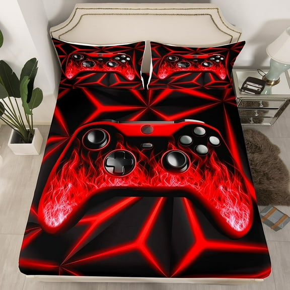 Game Bed Sheets Twin Gamer Gifts, 3D Geometric Gaming Fitted Sheet for Game Room Decor Bed Set Flame Game Consoles Bedding Sets Gaming Action Buttons Bedding Red（No Top Sheet）