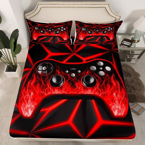 Game Bed Sheets Twin Gamer Gifts, 3D Geometric Gaming Fitted Sheet for Game Room Decor Bed Set Flame Game Consoles Bedding Sets Gaming Action Buttons Bedding Red(No Top Sheet)