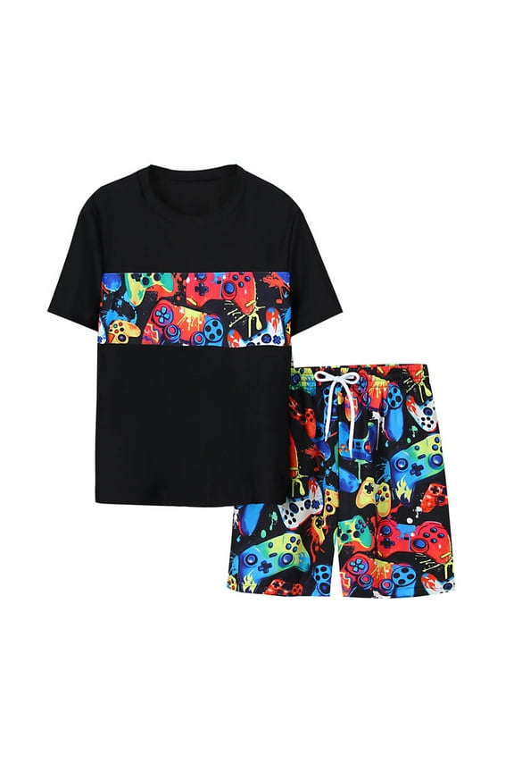 Boys Game Console Print Swim Set Summer Quick Dry Short Sleeve Rash Guard Board Shorts Upf for Kids Black 10 Years-11 Years