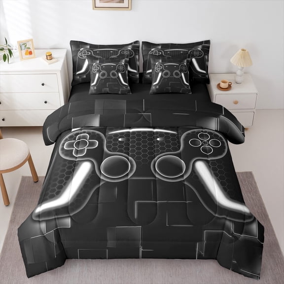 Gamer Bed In A Bag Gaming Twin Comforter Set 7 Piece Video Games Bedding For Teen Gamer Room Decor Soft Black Grey Bedding Set Microfiber Game Geometric Grid Bed Set Gamer Gift