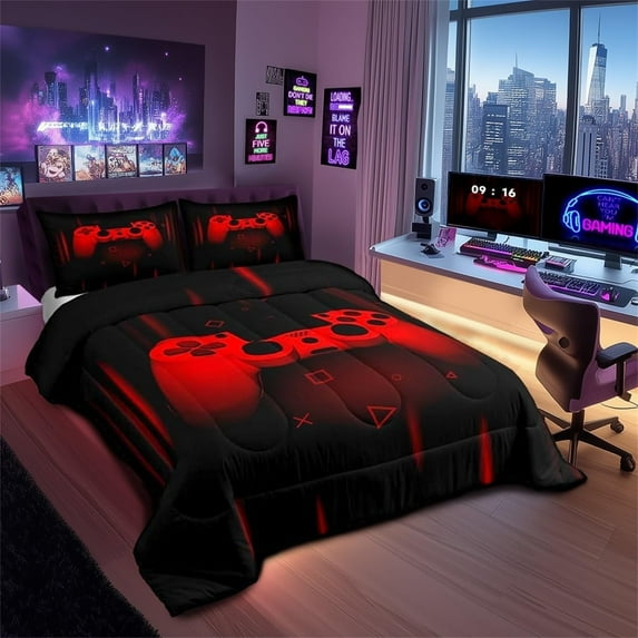 Gamer Comforter Set Full Size,Gamepad Bedding Set Young Man Video Games Down Comforter for Teen Game Room Decor Black Red Classic Retro Gaming Quilted Duvet Set with Pillowcase