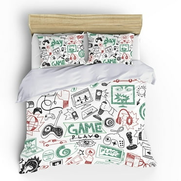 Boys Gamer Comforter Sets for Boys Teen Queen Size,Kids Video Games Bedding Set Sketch Style Athletic Racing Game Design Bedroom Home Decor