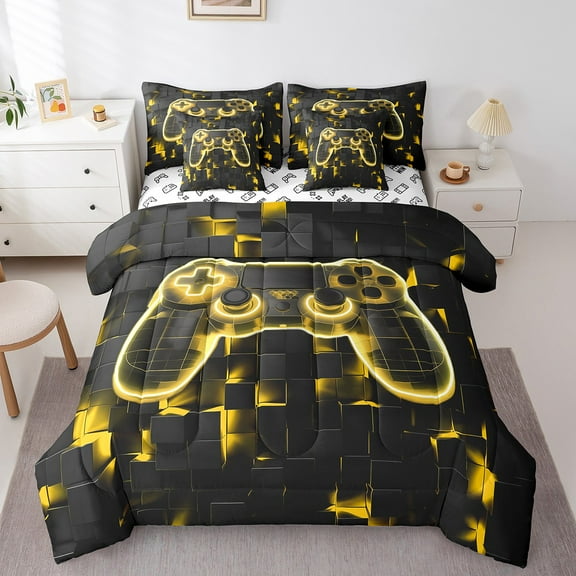 Boys Gaming Bed in a Bag 7 Piece Twin, Kids Girls Gamer Room Bedding Comforter Sheet Set Gamepad Controller Bed Set Yellow Geometry Honeycomb Print Fitted Sheet Modern Abstract Plaid Cushiom Covers