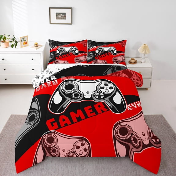Gaming Comforter Video Game Comforter Set 3D Gamer Controller Bed Comforter Set Gamepad Home Decor,Red Black Gamer Console Bedding Set for Teens Youth Full Size