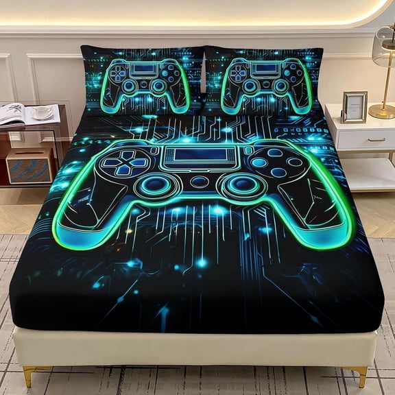 Boys Gaming Fitted Sheet Set Twin Size,Green Gamepad Printed Kids Bedding Set 3Pcs,3D Video Game Controller Fitted Sheet with 2 Pillowcases