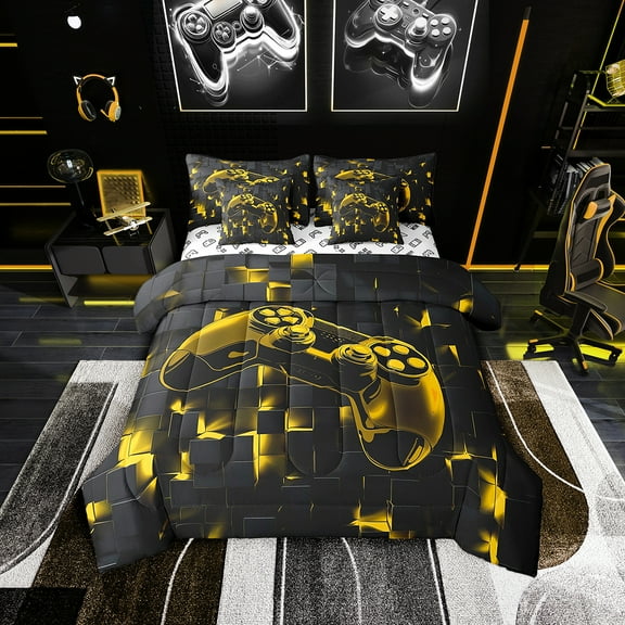 Gaming Gamer Twin Comforter Set 7-Piece Teen Game Bedding Comforter Sets Yellow Neon Light Bed in a Bag Gradient Geometry Check Bedding Set Video Game Theme Bedding Sets & Collection