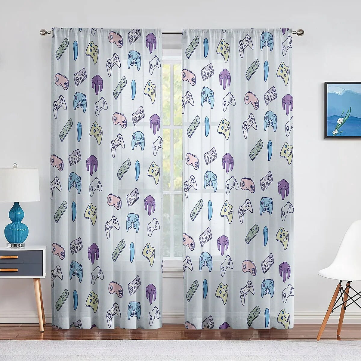 Boys Gaming Sheer Voile Curtain Teens Gamepad Video Games Controller ...