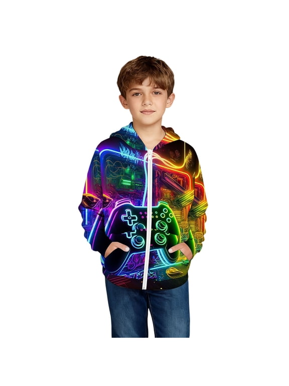 Boys Gaming Themed Zip Up Hooded Sweatshirt, Graphic Casual Pullover Jacket, Kids Long Sleeve Top for Play