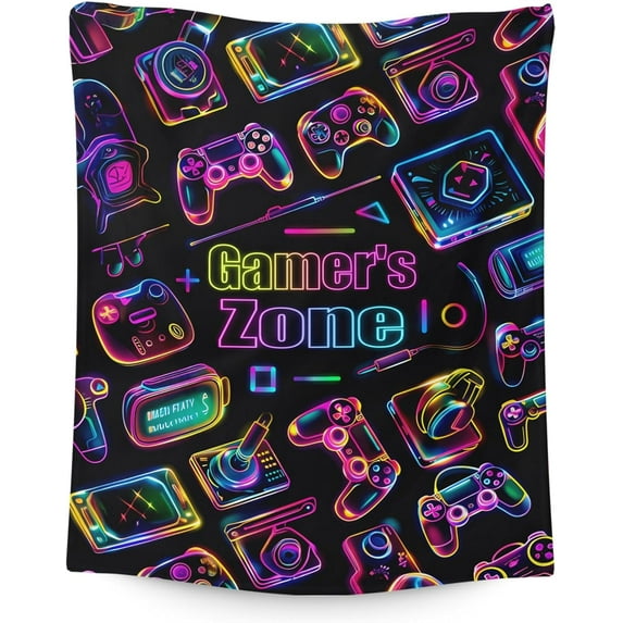Boys Gaming Throw Blanket - 50x40 Inches Small Blanket for Kids, Teens - Soft Cozy Blankets for Couch, Sofa - Black Flannel Throws Gifts for Gaming Lovers