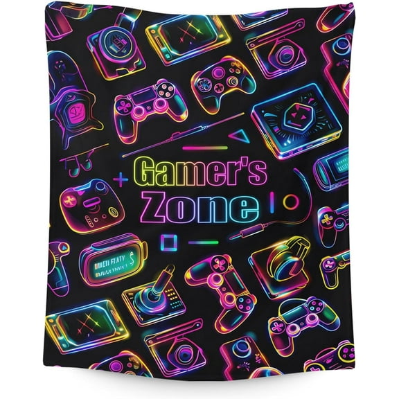Boys Gaming Throw Blanket - 50x40 Inches Small Blanket for Kids, Teens - Soft Cozy Blankets for Couch, Sofa - Black Flannel Throws Gifts for Gaming Lovers